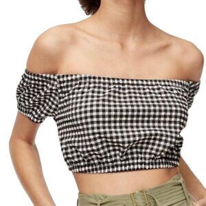 Wilfred Black and White Crop Top with Puff Sleeves and Smocked Design